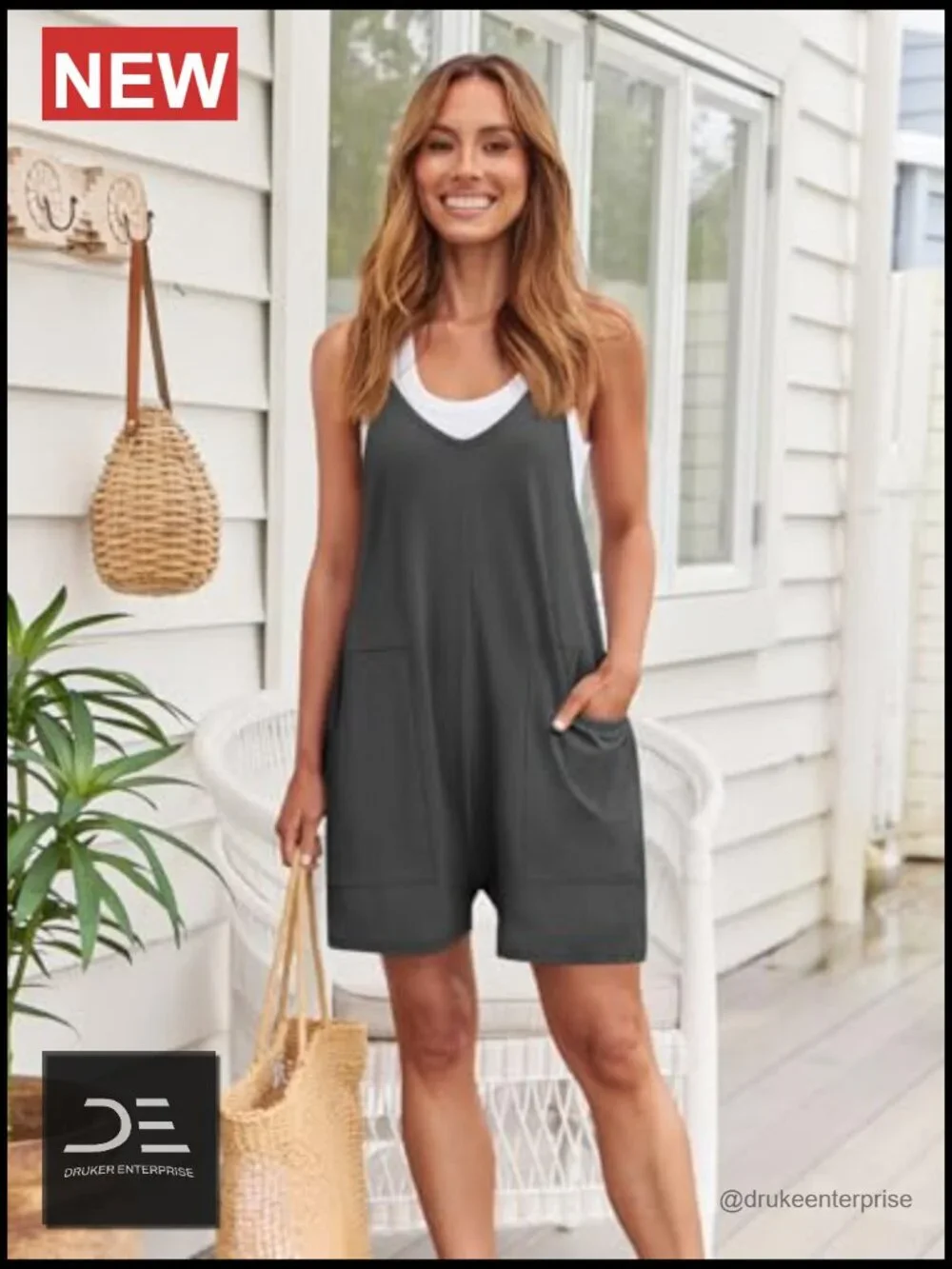 Cotton Spandex Romper Jumpsuit Summer Casual Shorts Overalls with Pockets